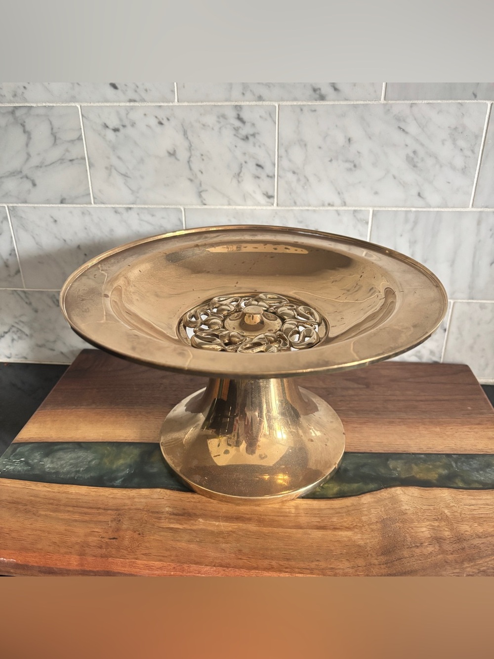 Vintage 8.75” Brass Cut Out Pedestal Fruit Bowl / Key Dish / Console Bow